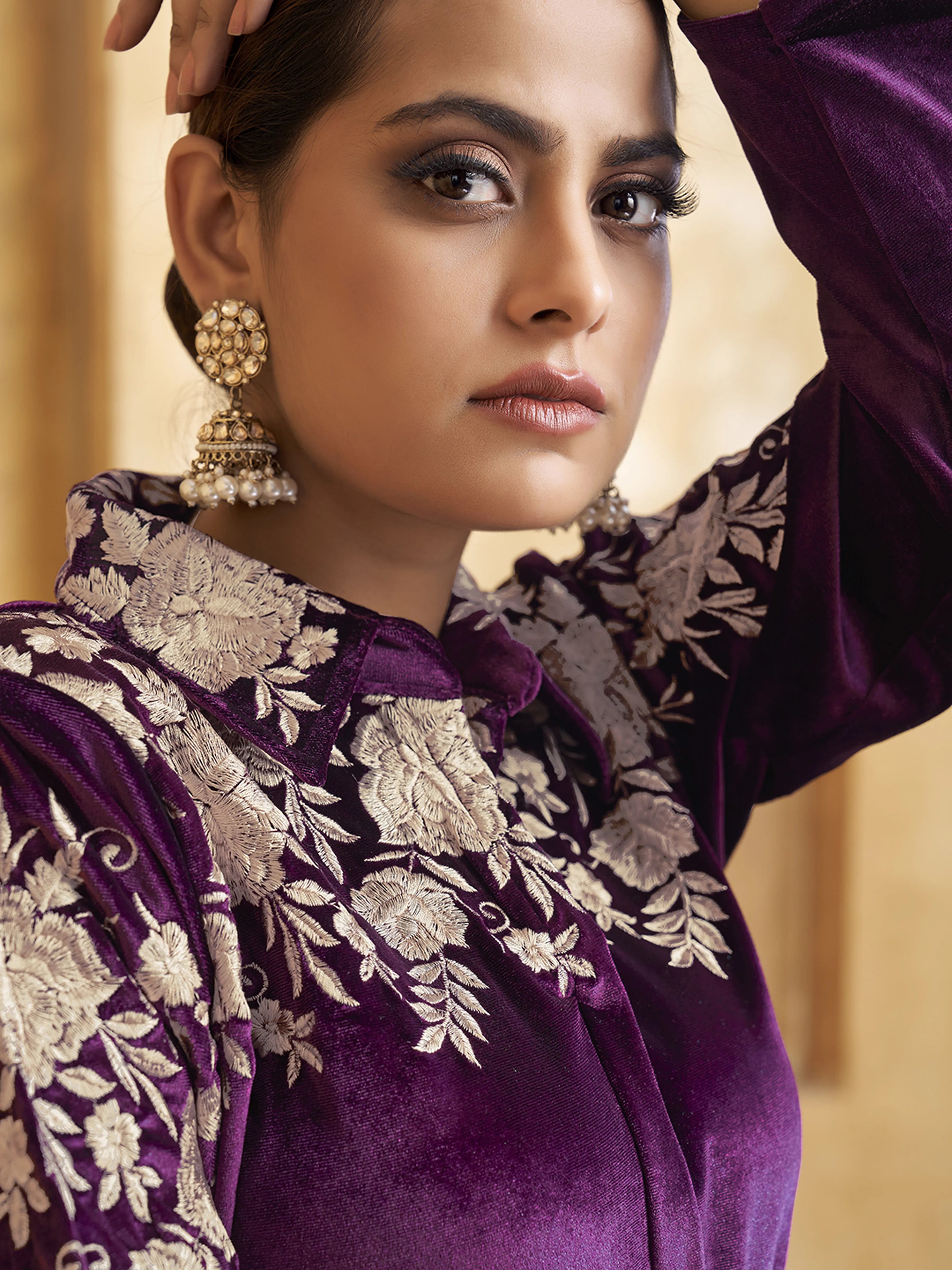 Zari Embroidered Velvet Co-ord Set in Deep Purple