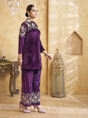 Zari Embroidered Velvet Co-ord Set in Deep Purple