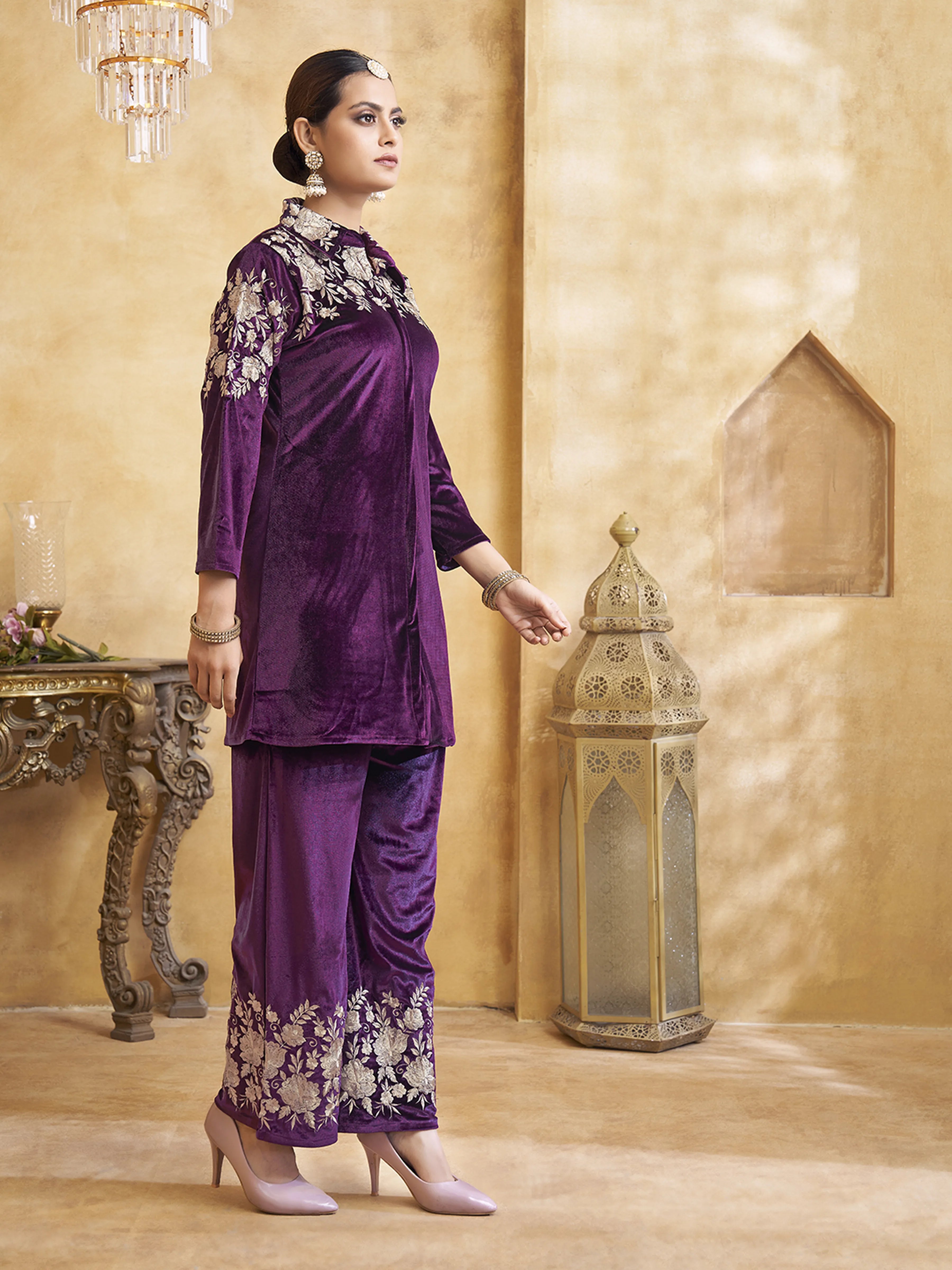 Zari Embroidered Velvet Co-ord Set in Deep Purple