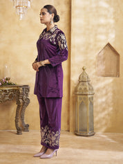 Zari Embroidered Velvet Co-ord Set in Deep Purple