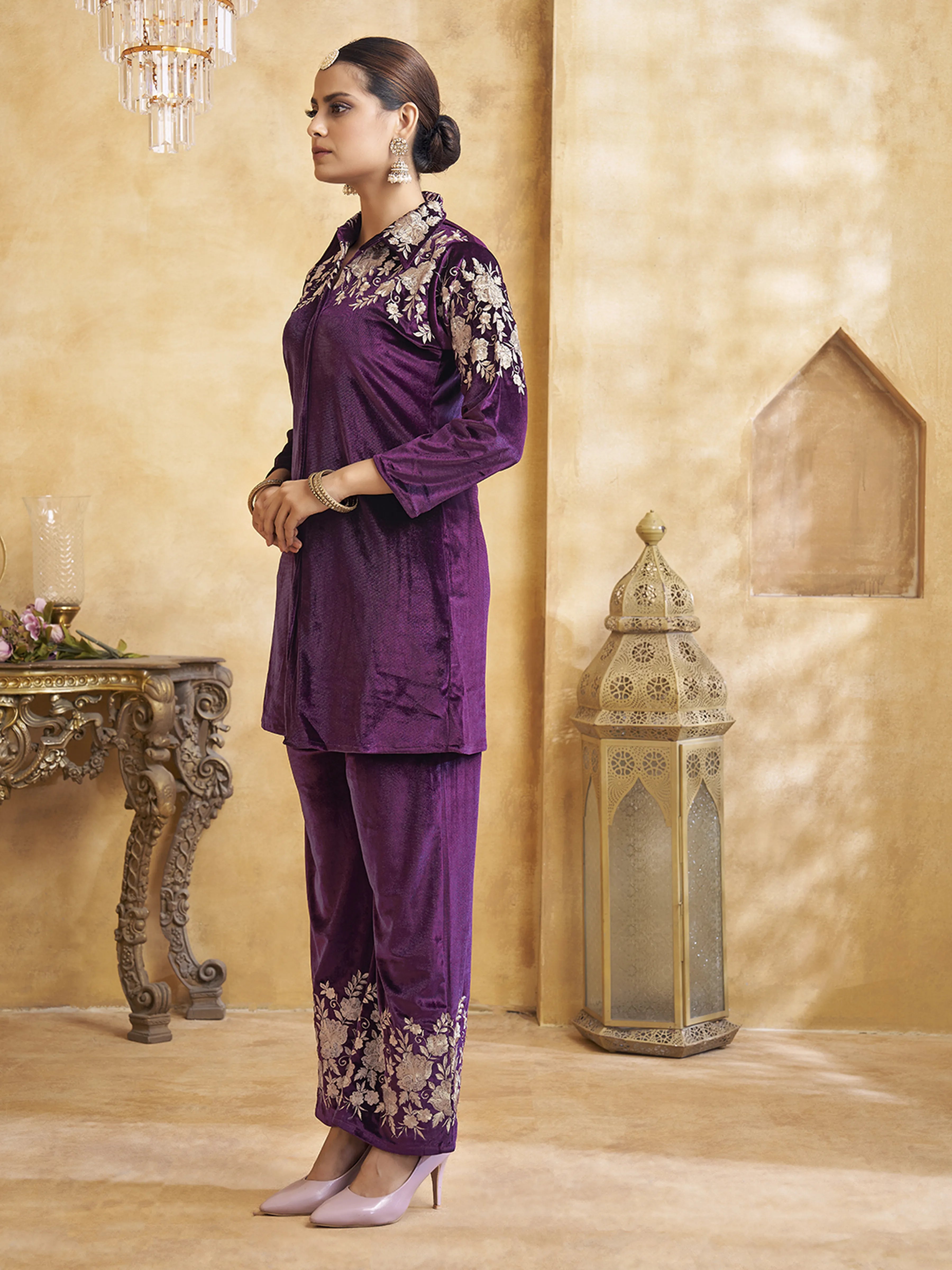 Zari Embroidered Velvet Co-ord Set in Deep Purple