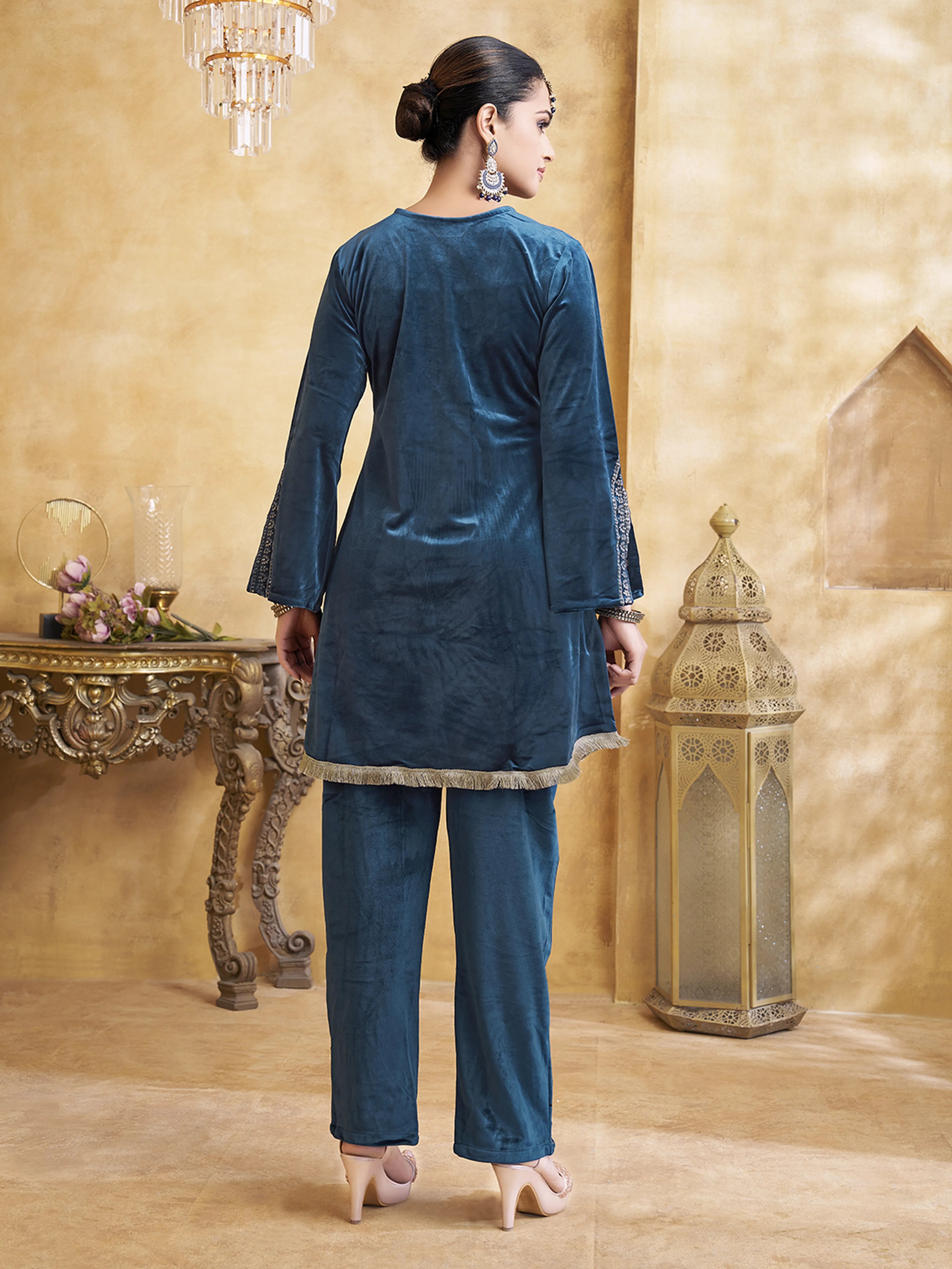 Velvet Embroidered Bell Sleeve Co-ord Set in Navy Blue