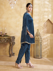 Velvet Embroidered Bell Sleeve Co-ord Set in Navy Blue