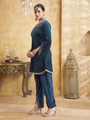 Velvet Embroidered Bell Sleeve Co-ord Set in Navy Blue