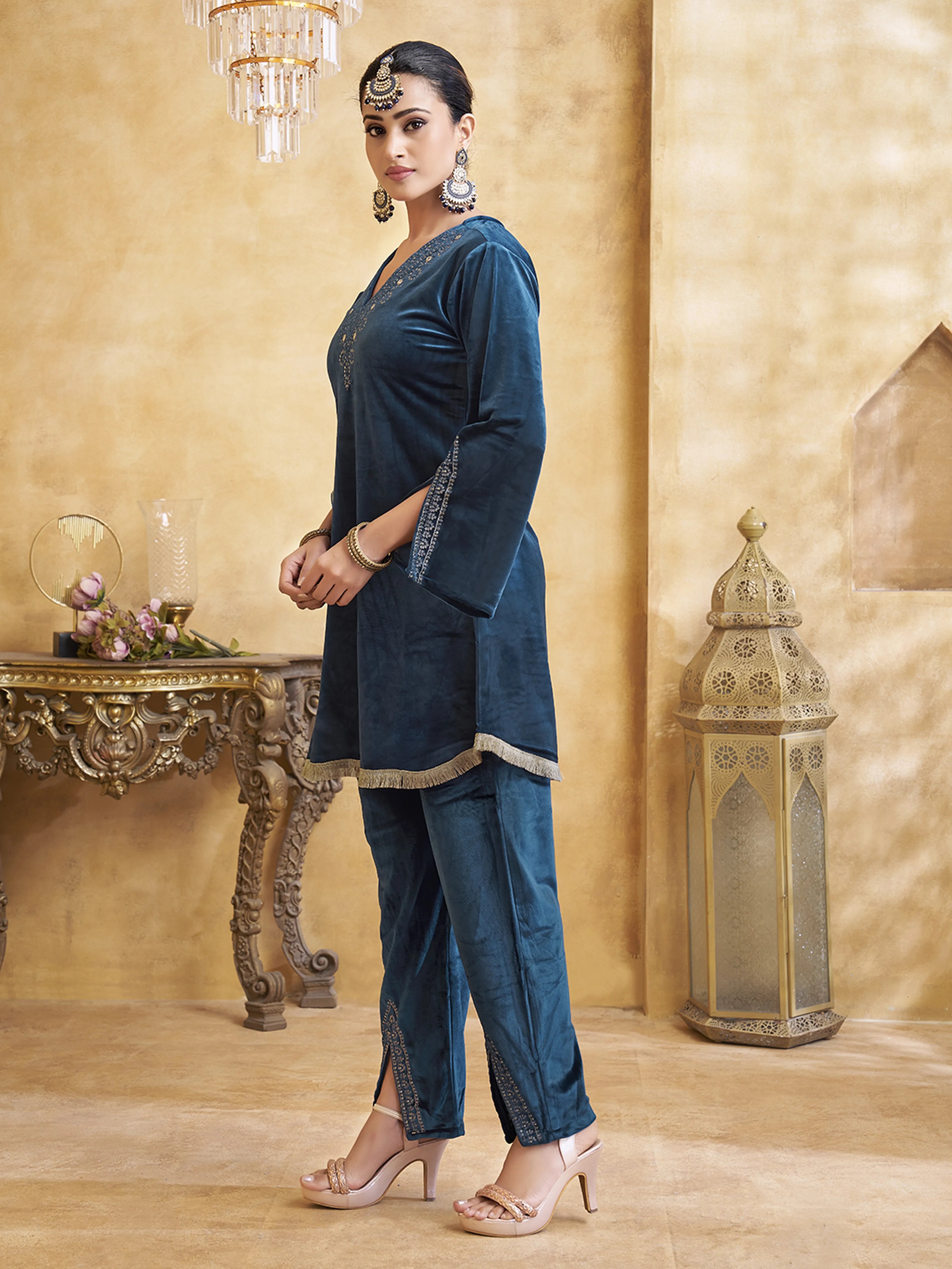 Velvet Embroidered Bell Sleeve Co-ord Set in Navy Blue