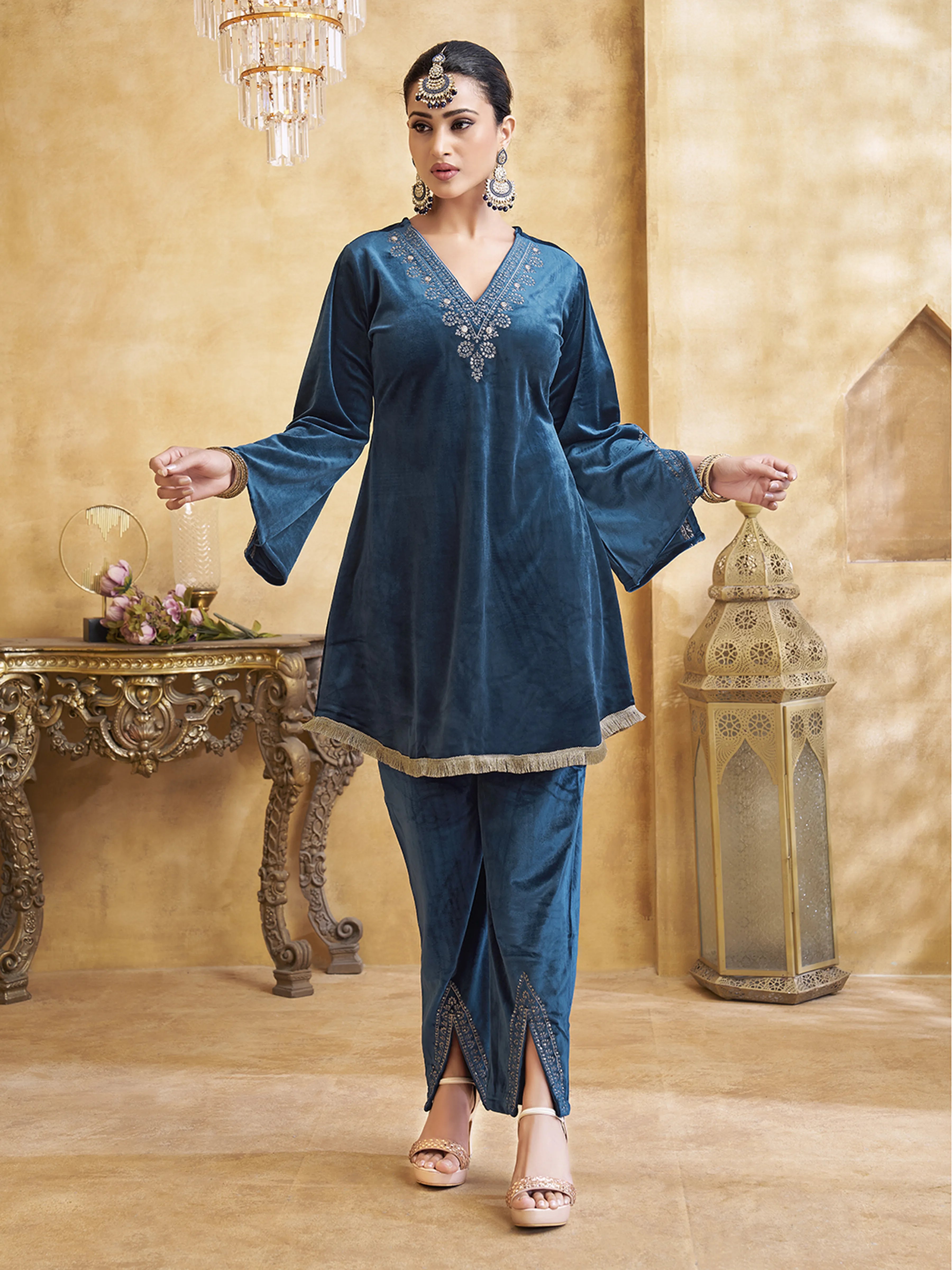 Velvet Embroidered Bell Sleeve Co-ord Set in Navy Blue