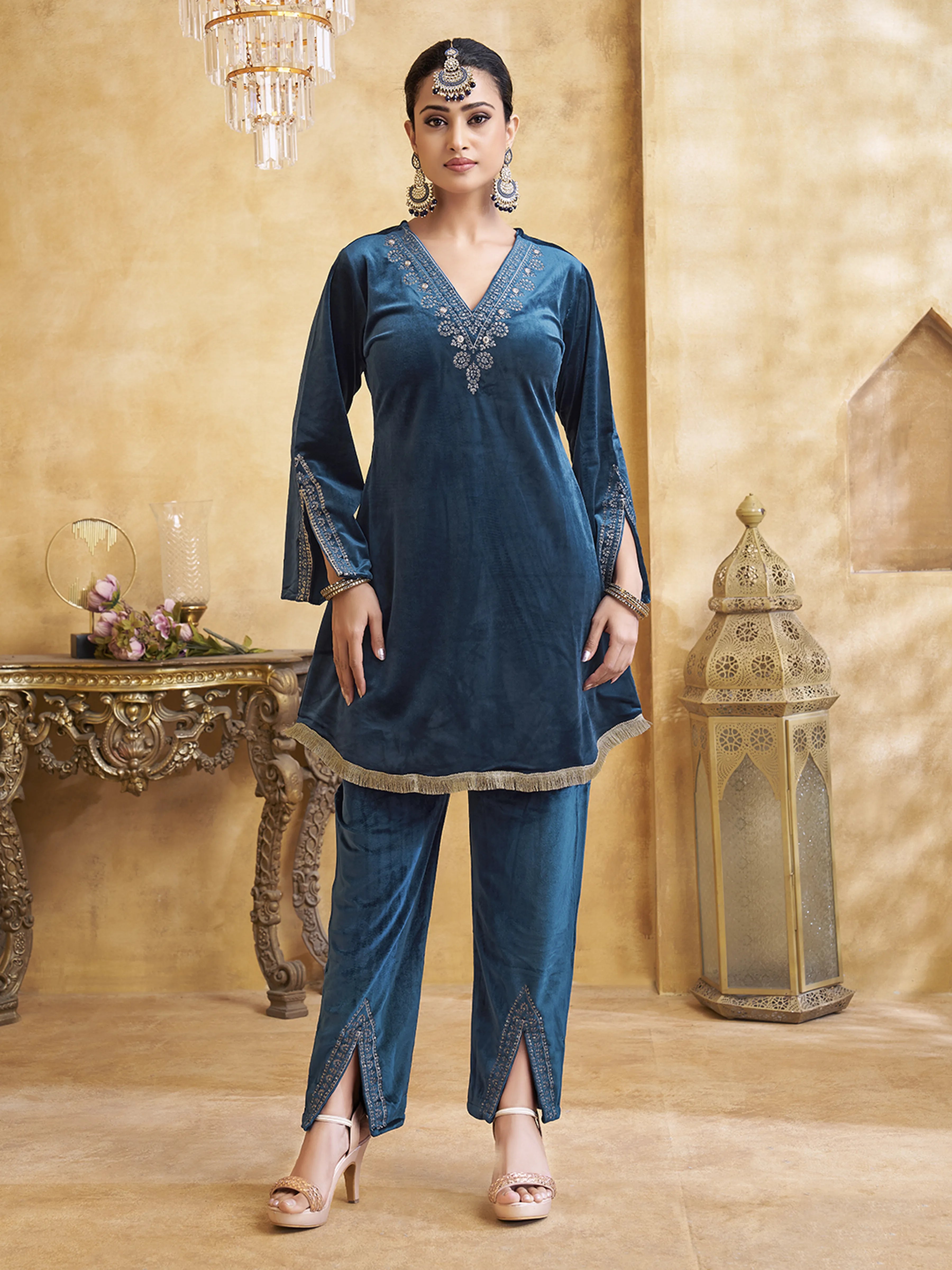 Velvet Embroidered Bell Sleeve Co-ord Set in Navy Blue