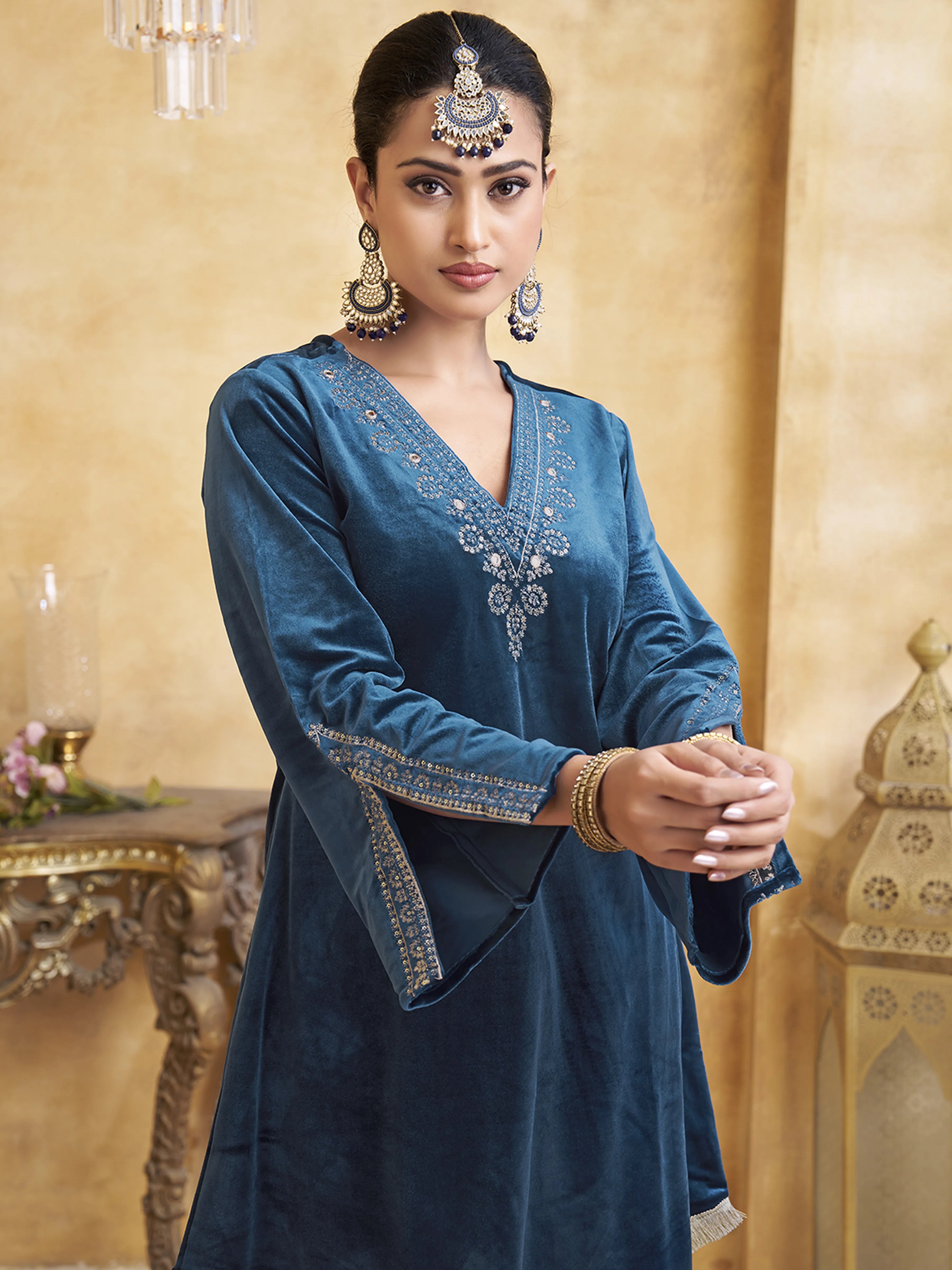 Velvet Embroidered Bell Sleeve Co-ord Set in Navy Blue