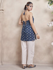 Indigo Blue Halter Neck Cotton Short Kurti with Bandhani Print