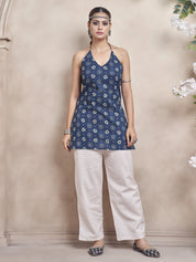 Indigo Blue Halter Neck Cotton Short Kurti with Bandhani Print