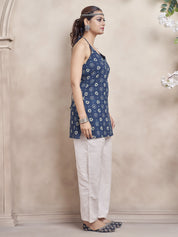 Indigo Blue Halter Neck Cotton Short Kurti with Bandhani Print