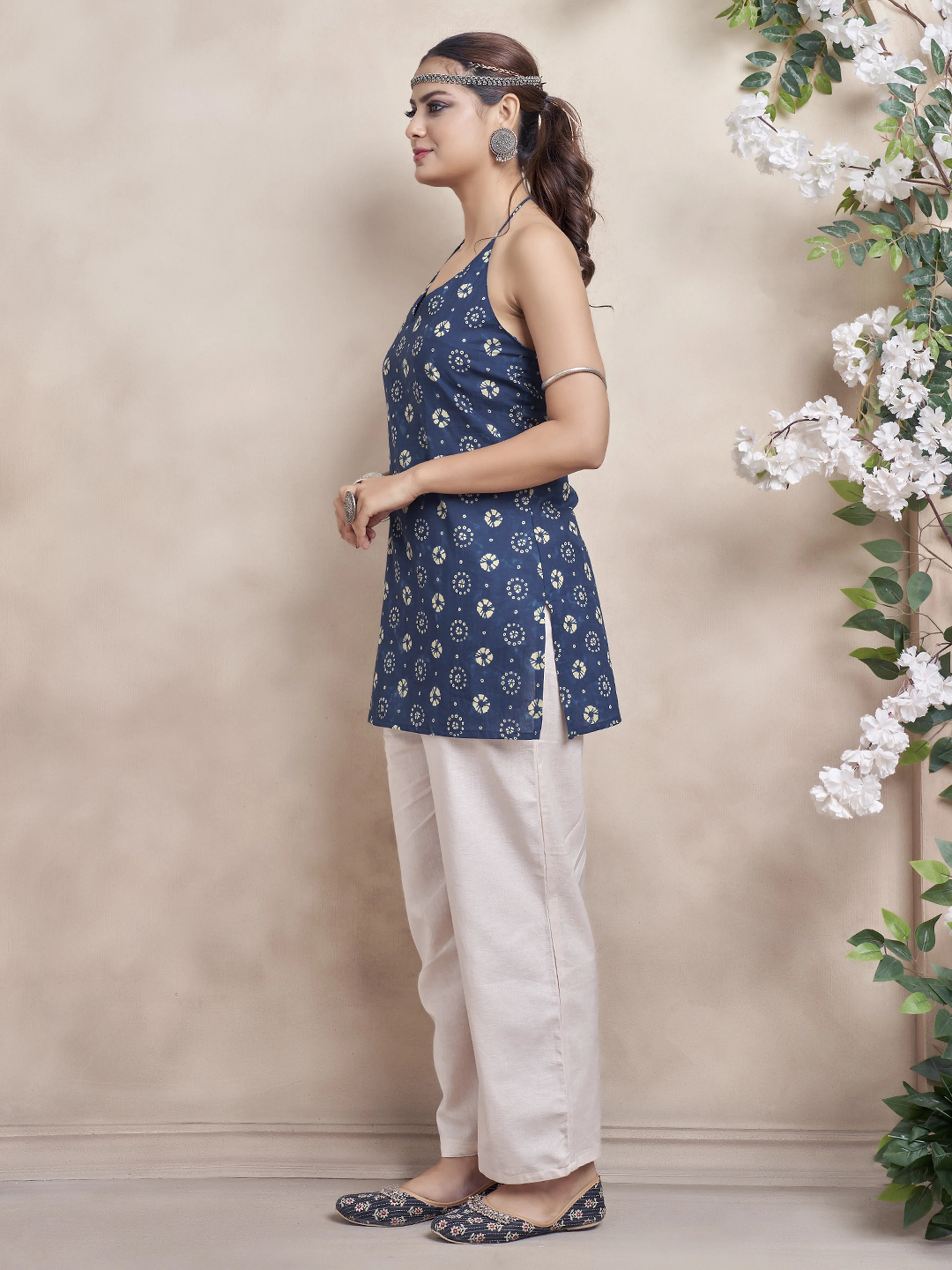 Indigo Blue Halter Neck Cotton Short Kurti with Bandhani Print