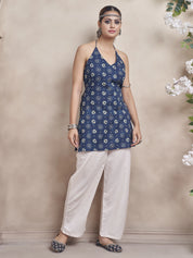 Indigo Blue Halter Neck Cotton Short Kurti with Bandhani Print