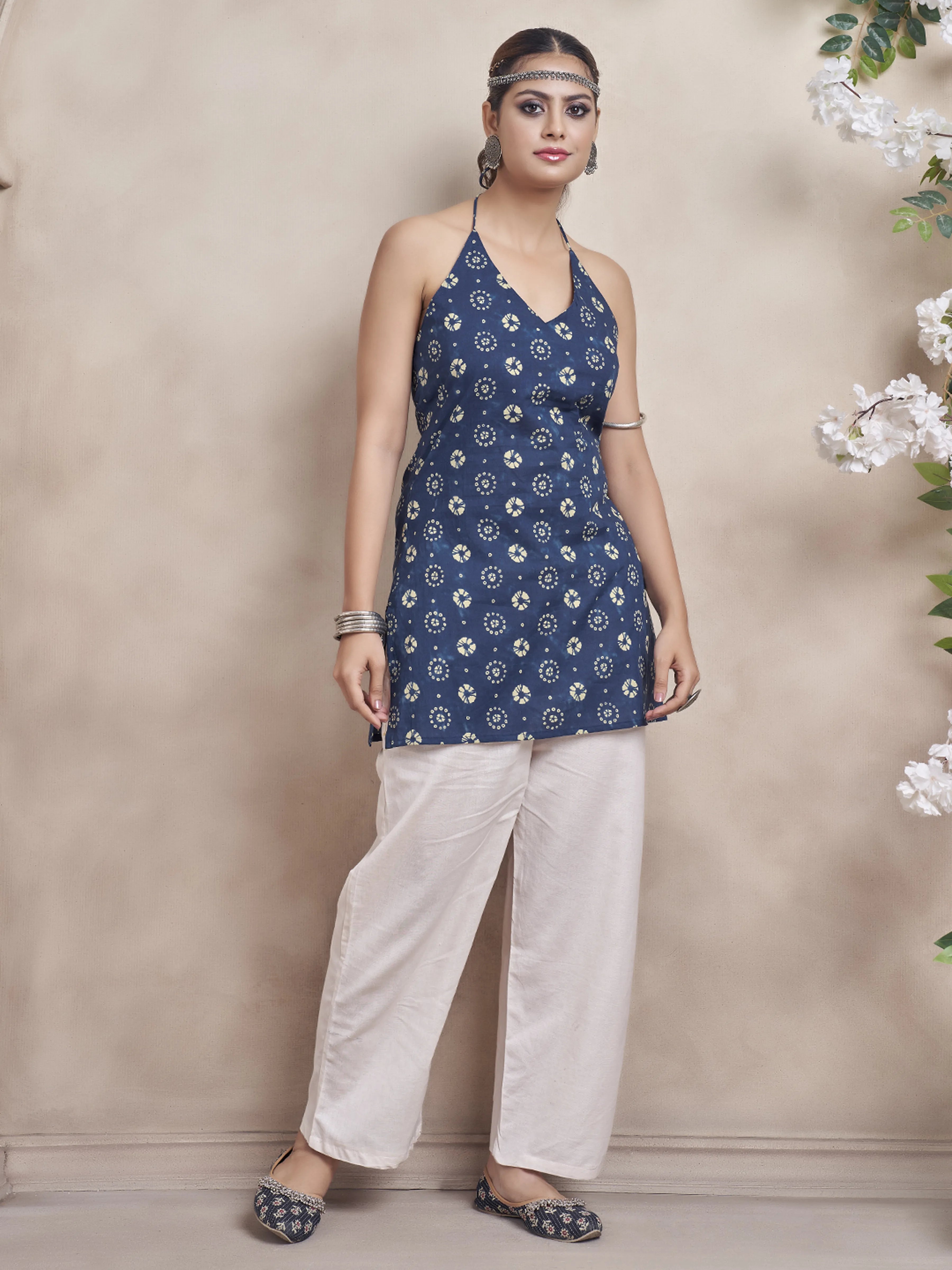 Indigo Blue Halter Neck Cotton Short Kurti with Bandhani Print