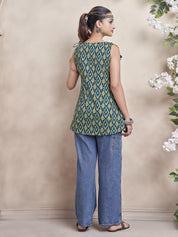 Teal Green Ikat Printed Cotton Cambric Short Kurti