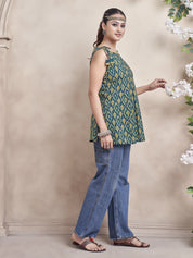 Teal Green Ikat Printed Cotton Cambric Short Kurti