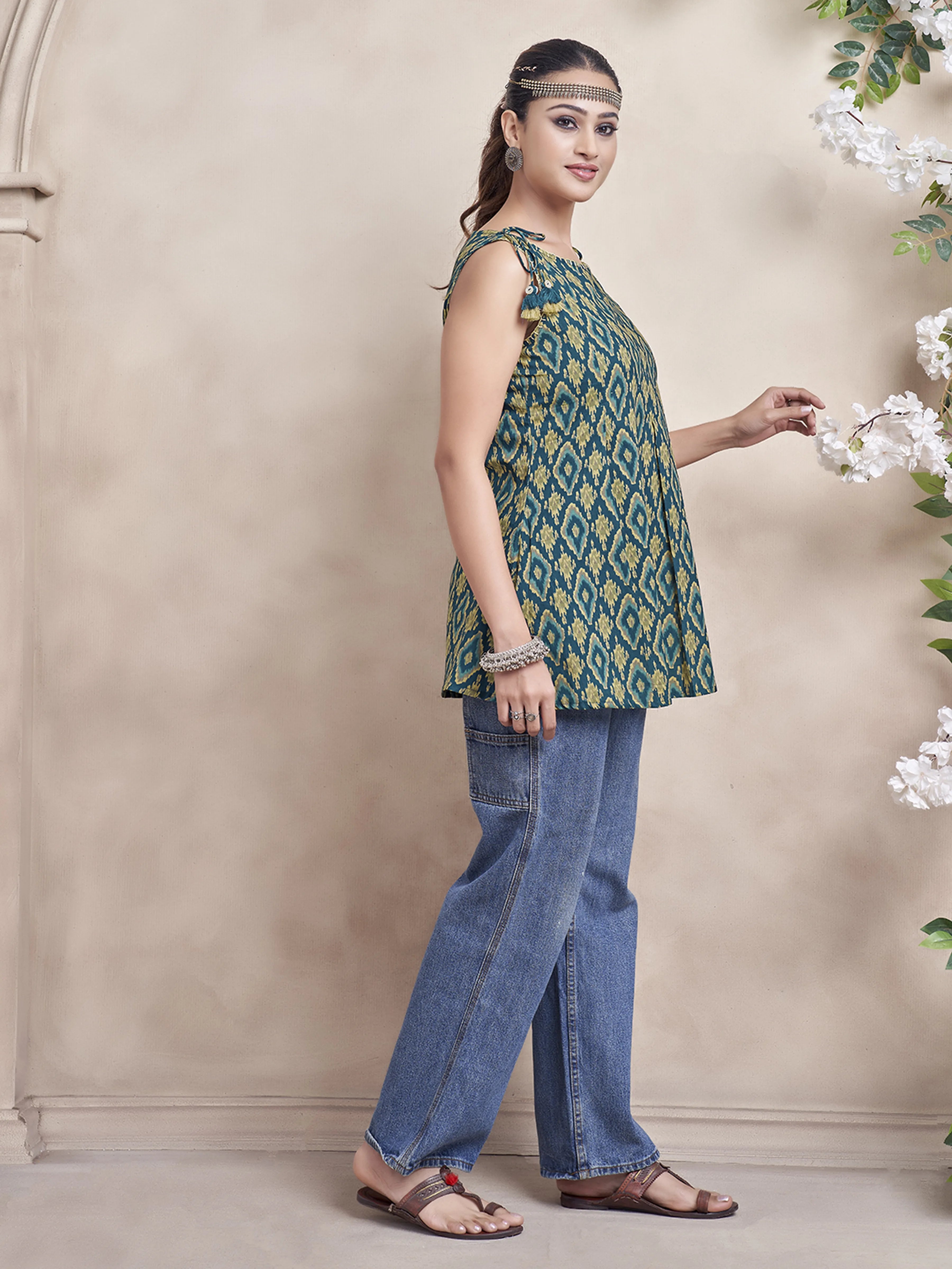 Teal Green Ikat Printed Cotton Cambric Short Kurti