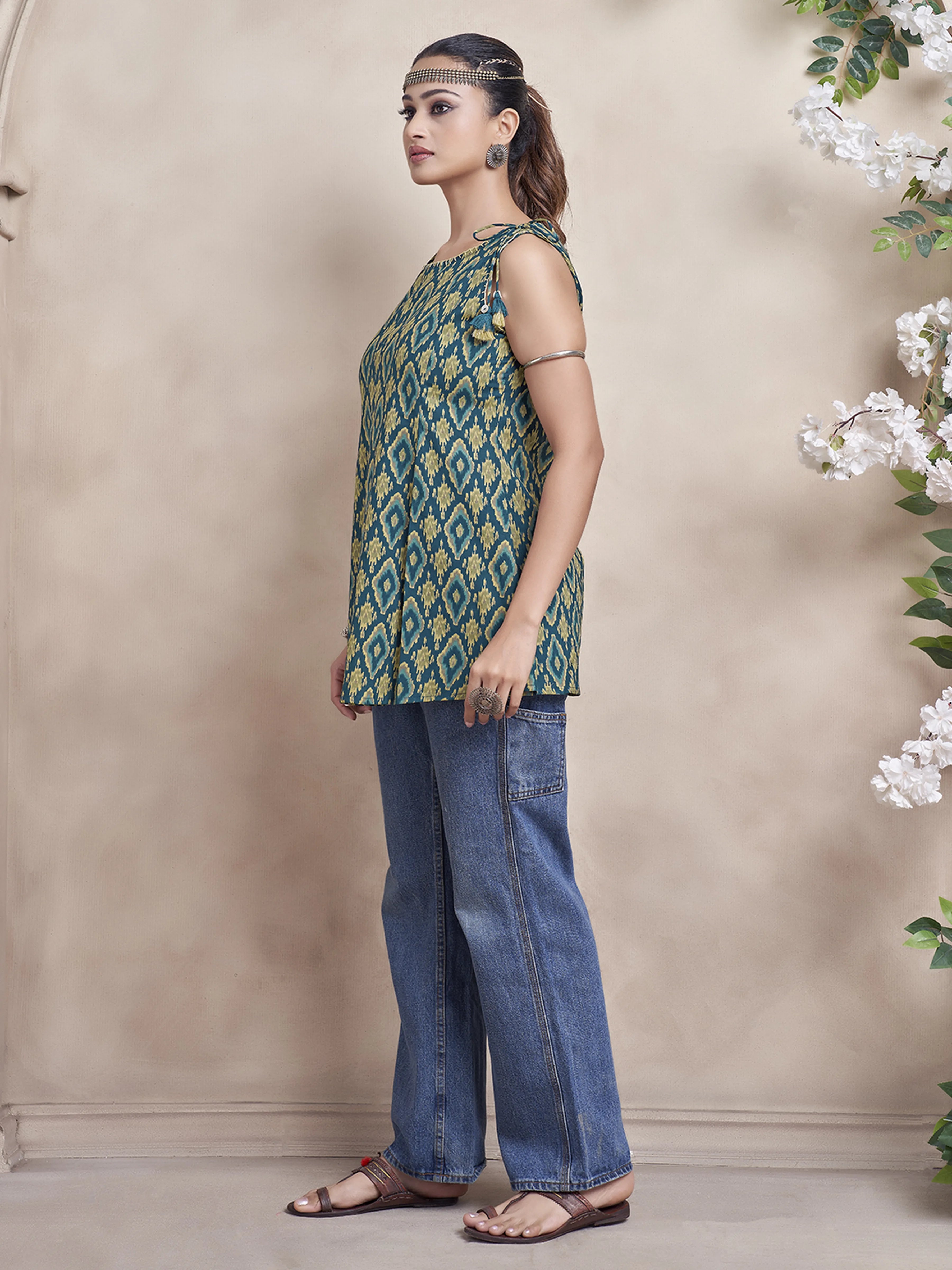 Teal Green Ikat Printed Cotton Cambric Short Kurti