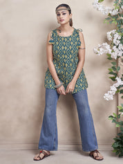 Teal Green Ikat Printed Cotton Cambric Short Kurti