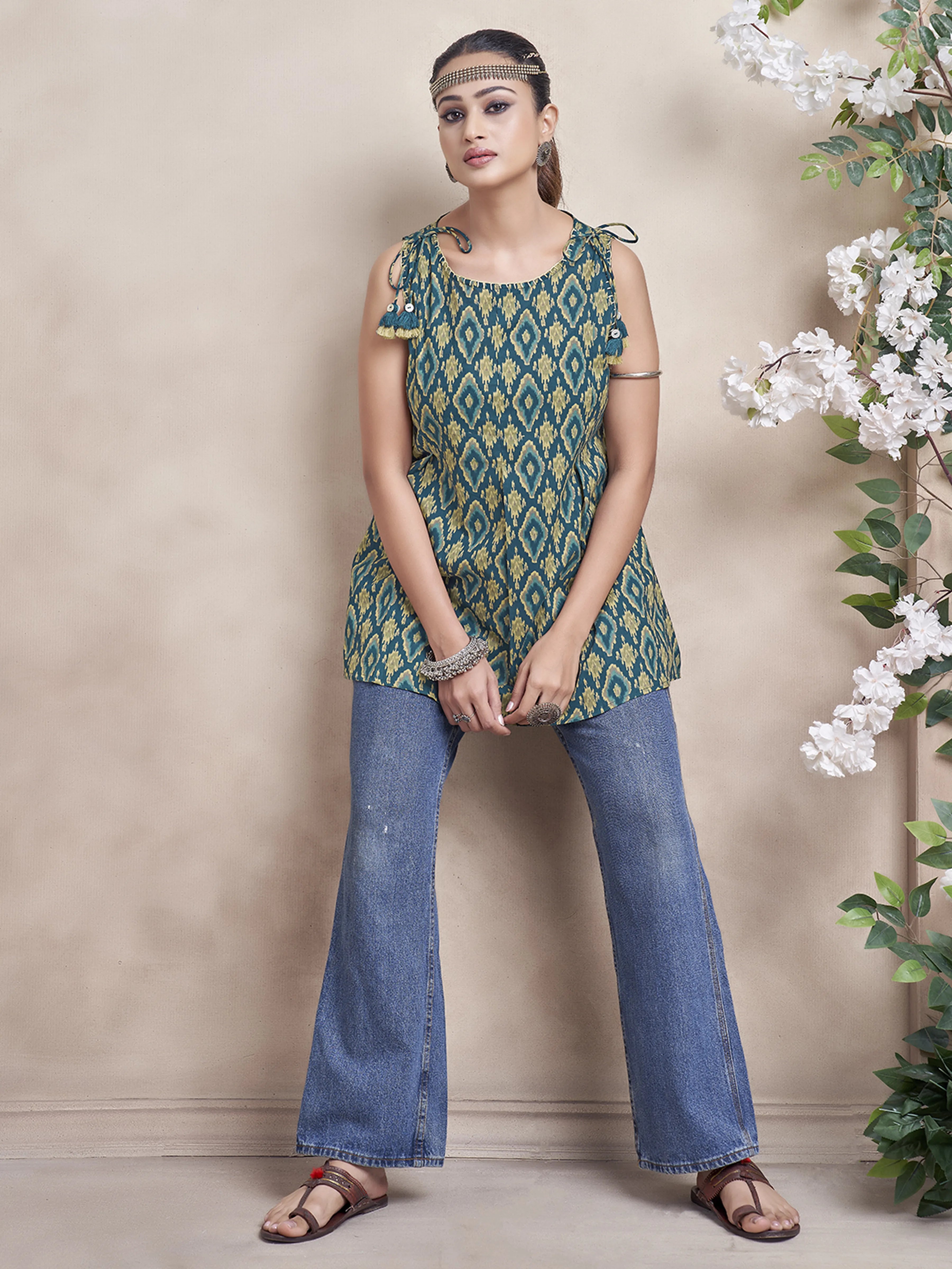 Teal Green Ikat Printed Cotton Cambric Short Kurti