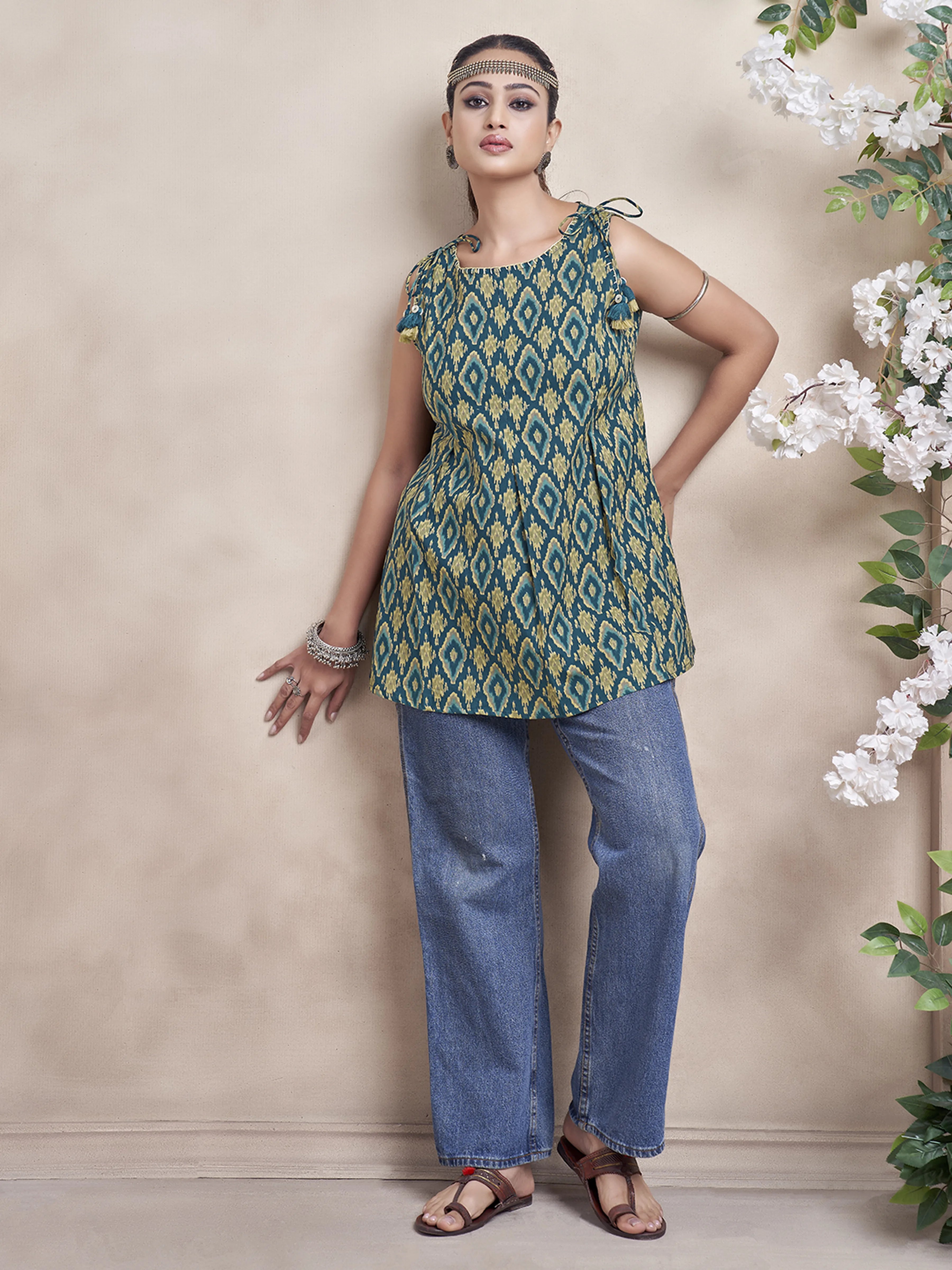 Teal Green Ikat Printed Cotton Cambric Short Kurti