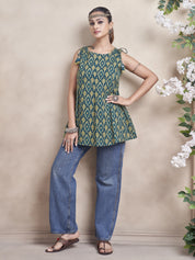 Teal Green Ikat Printed Cotton Cambric Short Kurti