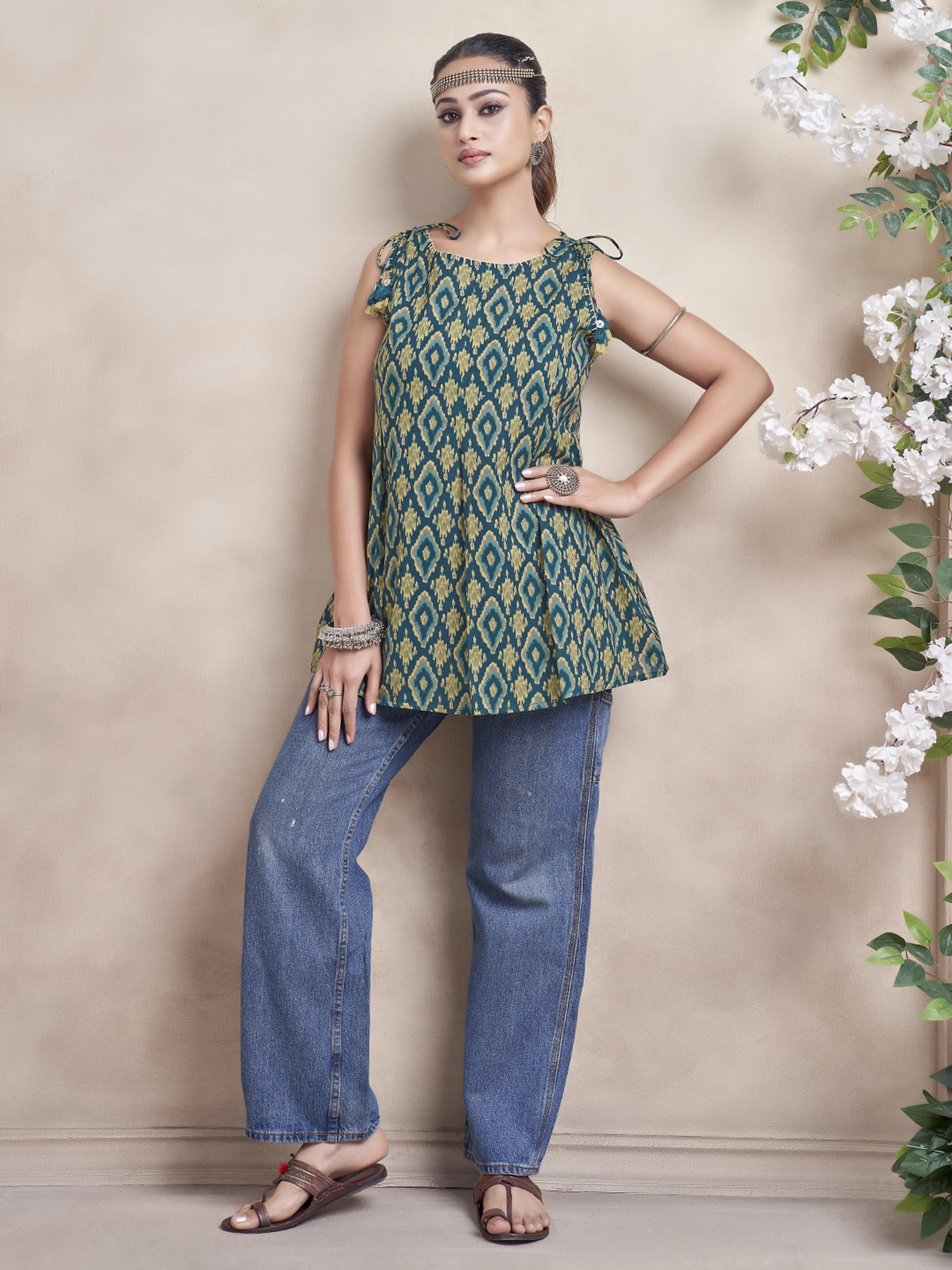 Teal Green Ikat Printed Cotton Cambric Short Kurti