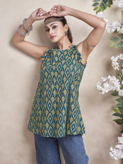 Teal Green Ikat Printed Cotton Cambric Short Kurti