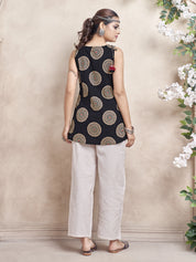 Black Medallion Motifs Cotton Cambric Short Kurti