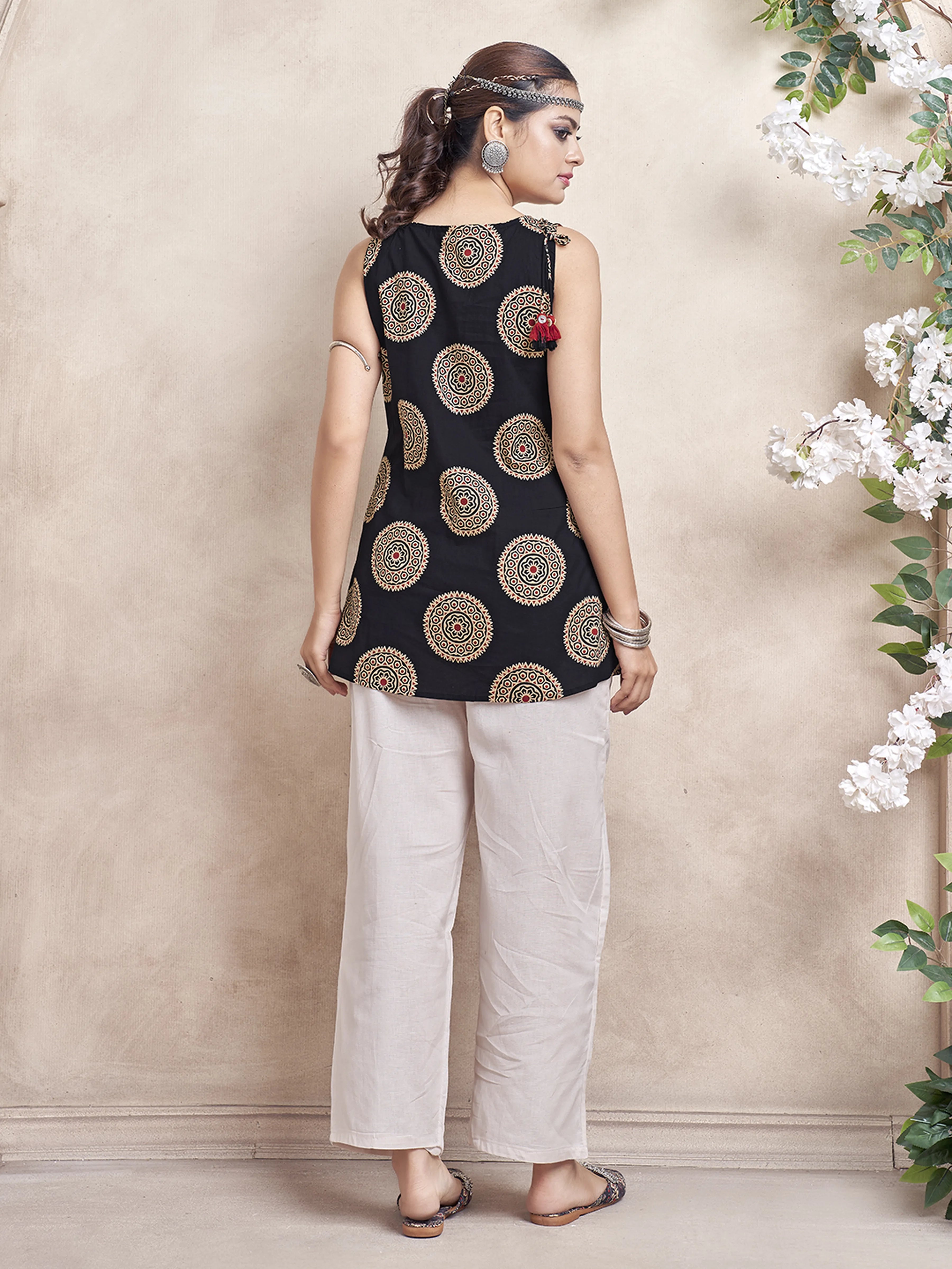 Black Medallion Motifs Cotton Cambric Short Kurti