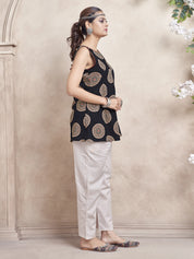 Black Medallion Motifs Cotton Cambric Short Kurti
