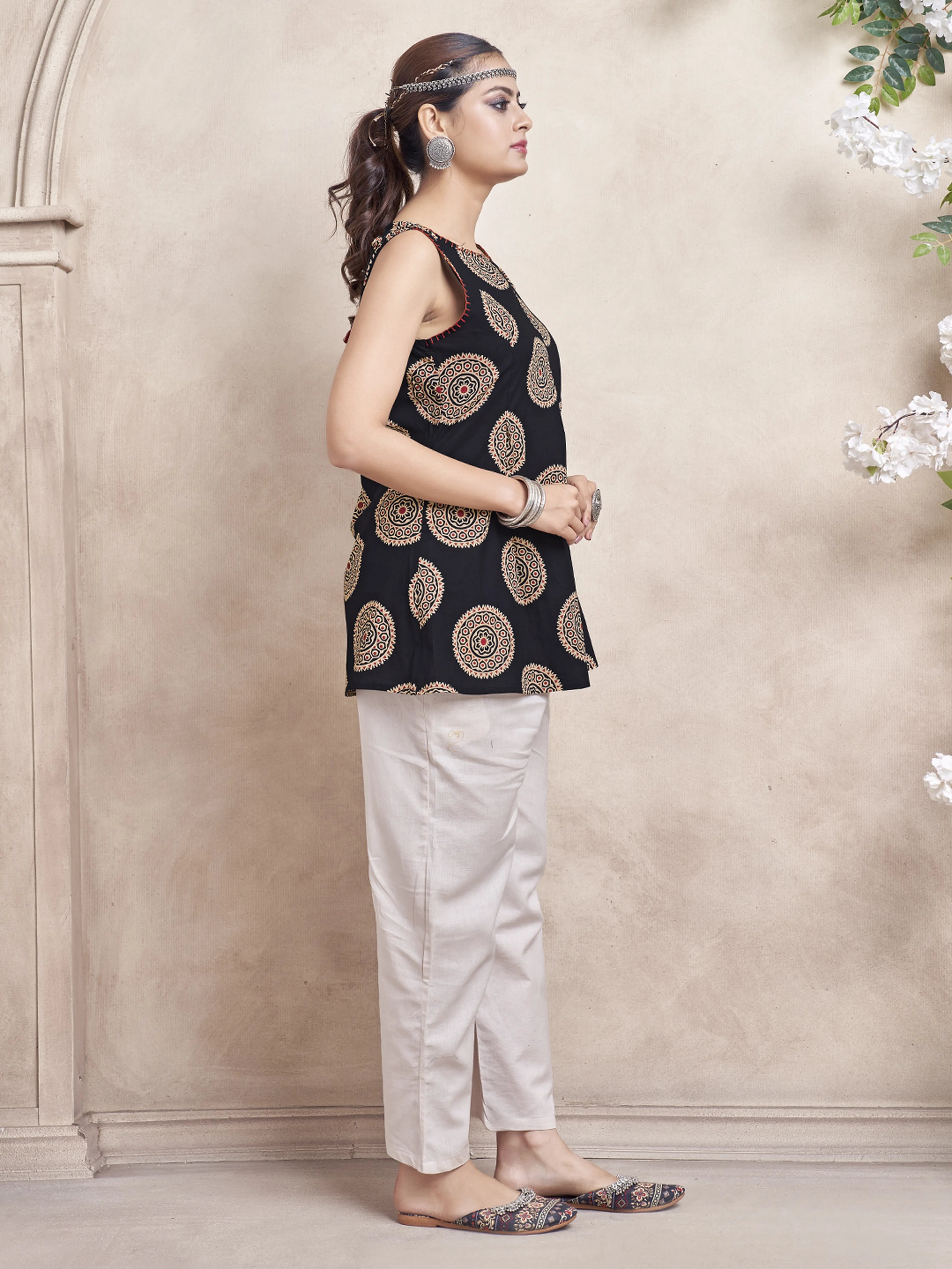 Black Medallion Motifs Cotton Cambric Short Kurti