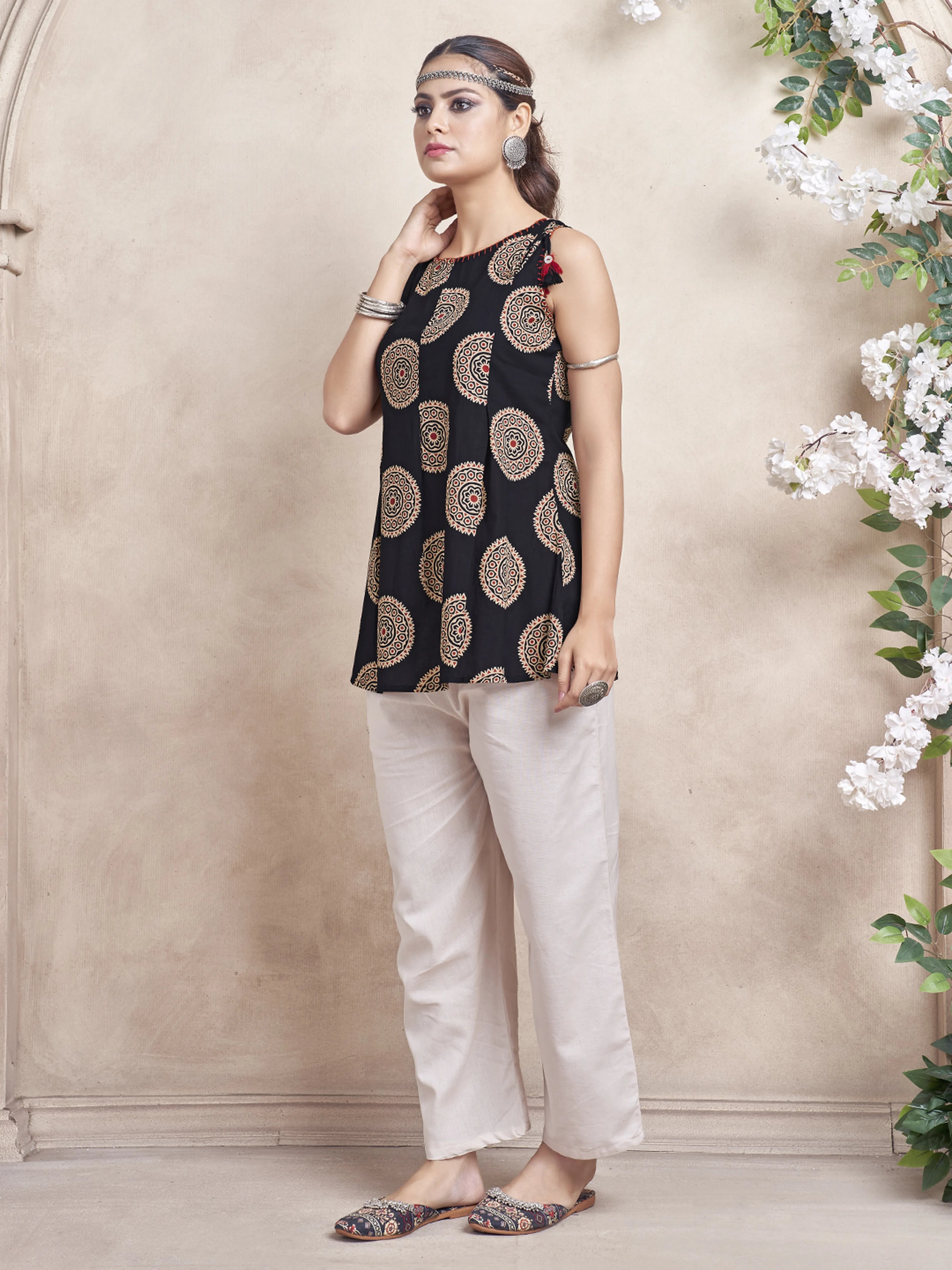 Black Medallion Motifs Cotton Cambric Short Kurti