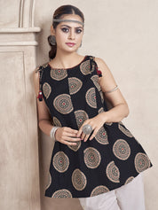 Black Medallion Motifs Cotton Cambric Short Kurti