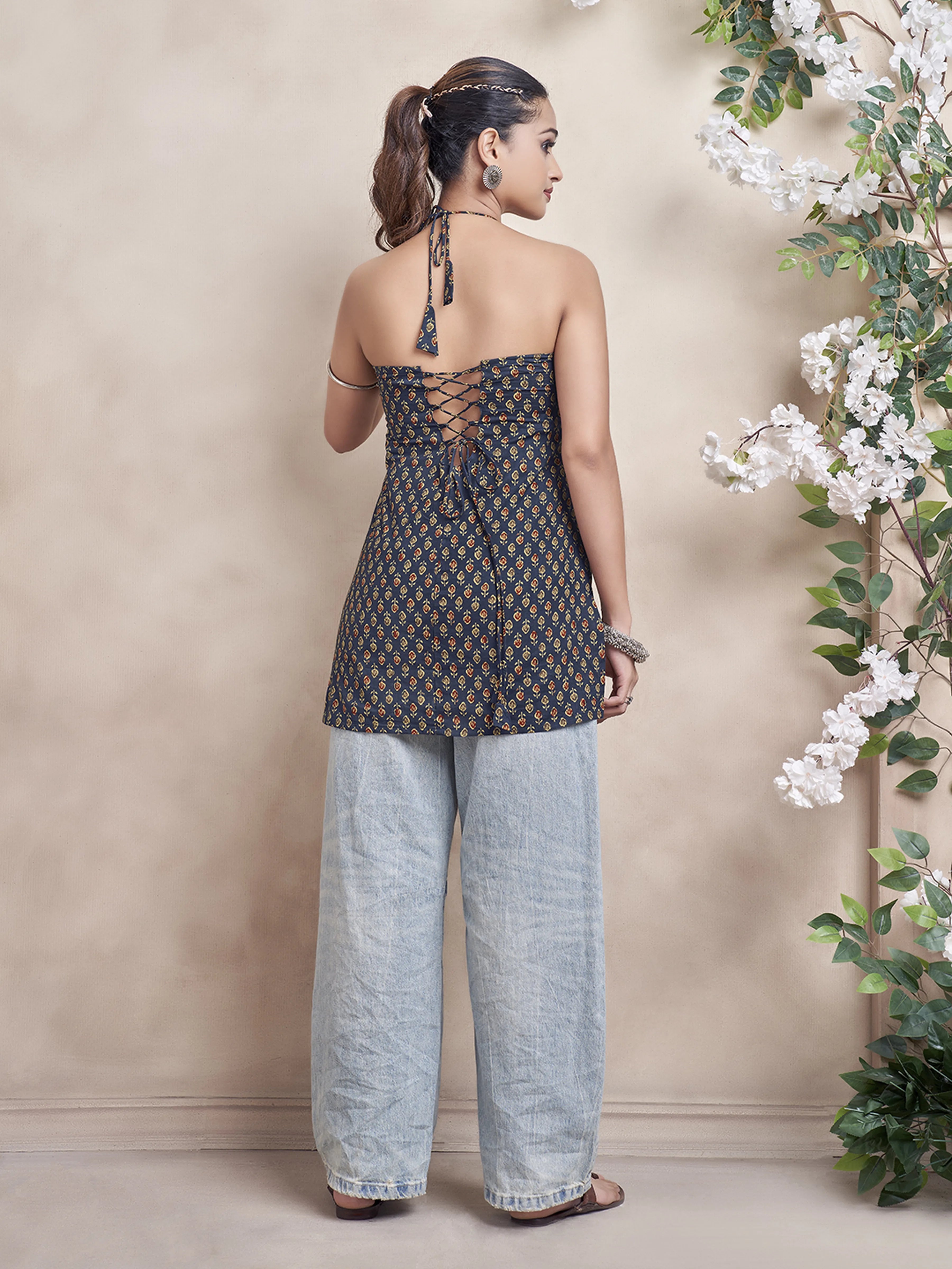 Navy Blue Halter Neck Cotton Short Kurti with Motif Print