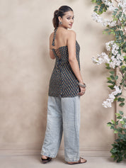 Navy Blue Halter Neck Cotton Short Kurti with Motif Print