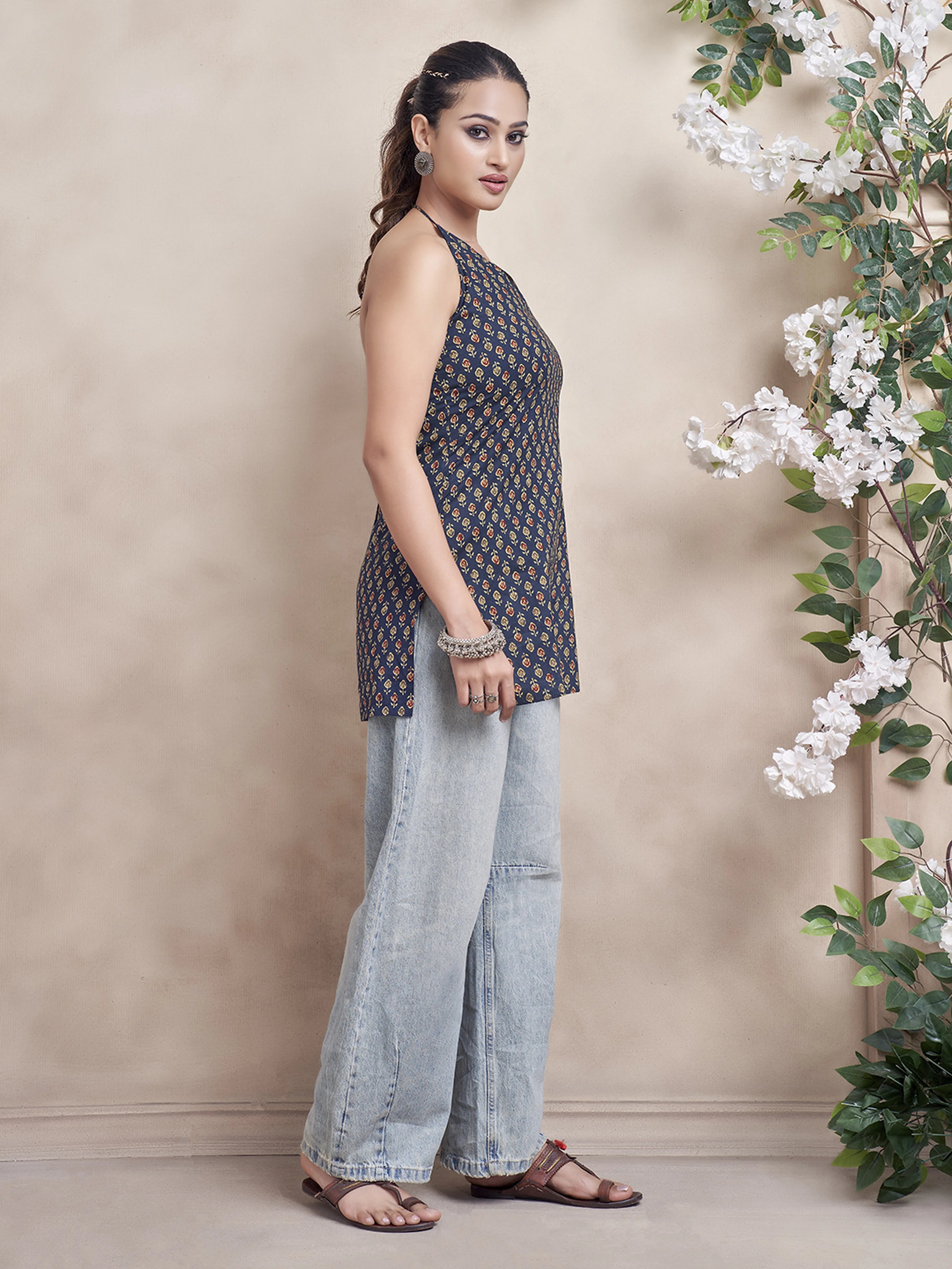 Navy Blue Halter Neck Cotton Short Kurti with Motif Print