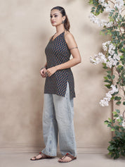 Navy Blue Halter Neck Cotton Short Kurti with Motif Print