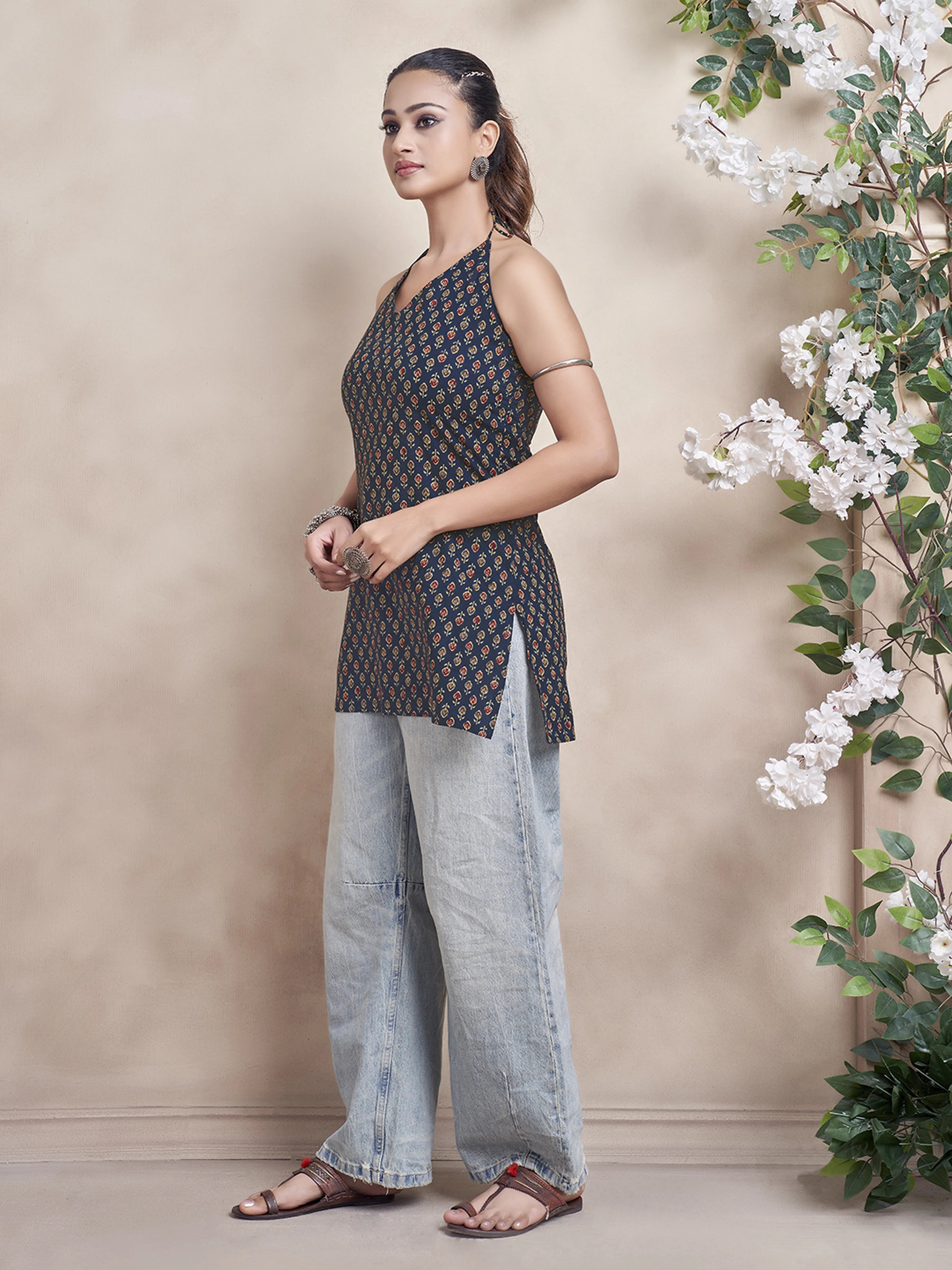 Navy Blue Halter Neck Cotton Short Kurti with Motif Print