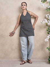 Navy Blue Halter Neck Cotton Short Kurti with Motif Print
