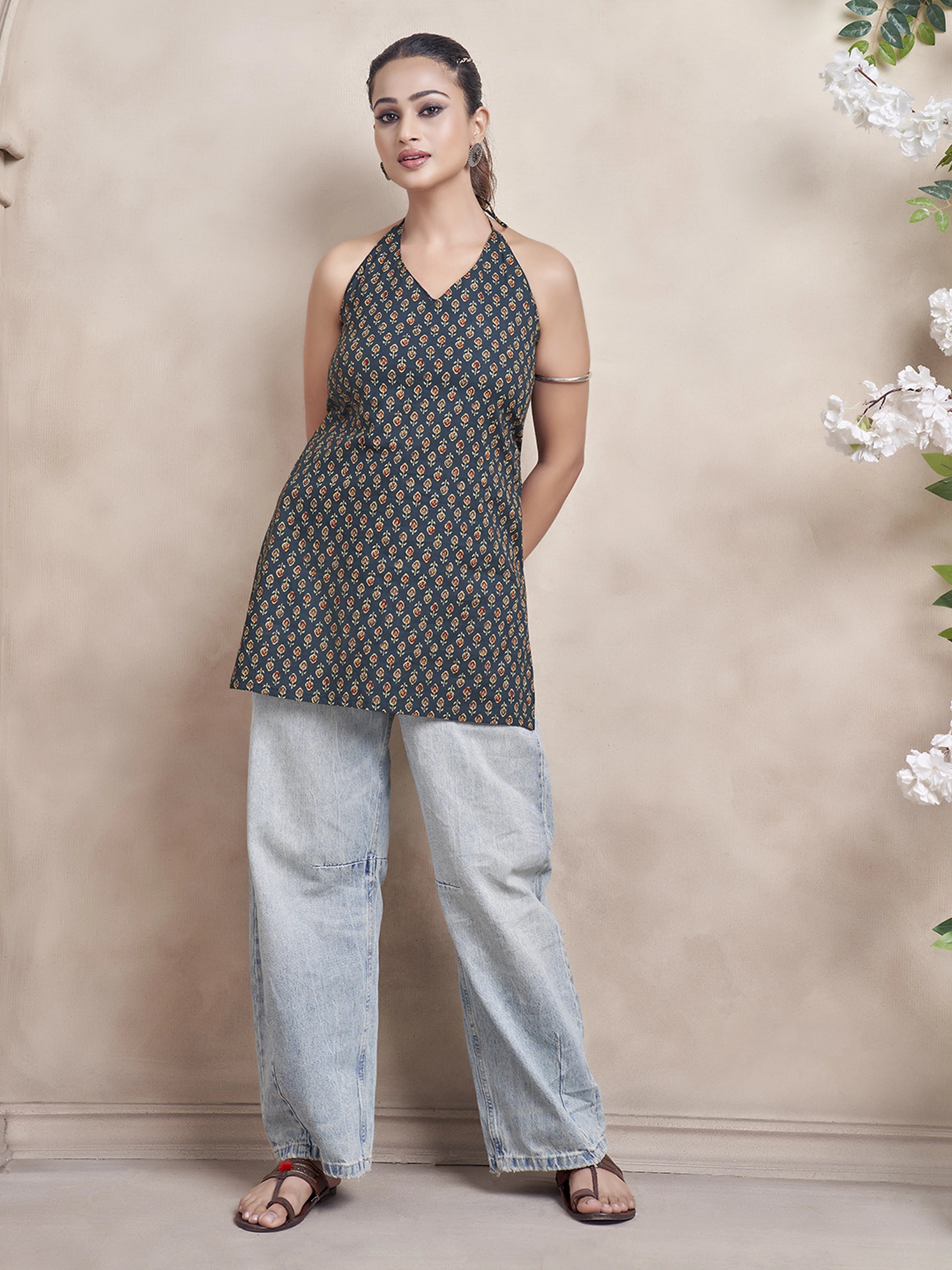 Navy Blue Halter Neck Cotton Short Kurti with Motif Print