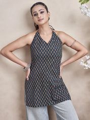 Navy Blue Halter Neck Cotton Short Kurti with Motif Print