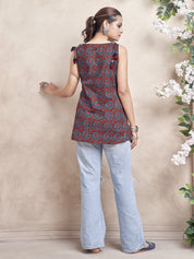 Red Cotton Cambric Short Kurti with Tassel Detail