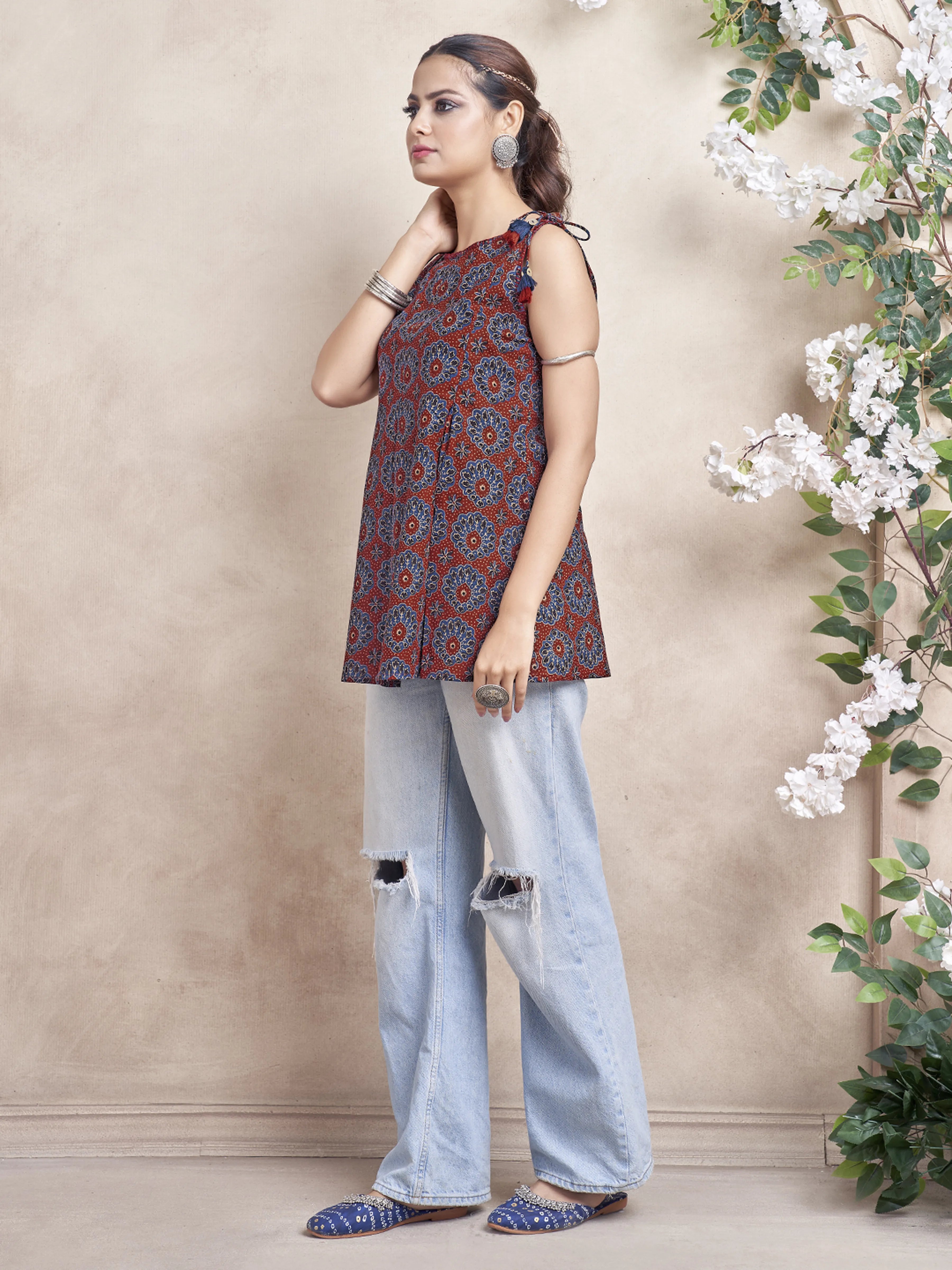 Red Cotton Cambric Short Kurti with Tassel Detail