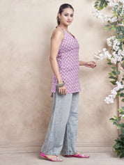 Light Pink Halter Neck Cotton Short Kurti with Booti Print