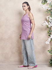 Light Pink Halter Neck Cotton Short Kurti with Booti Print