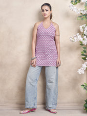 Light Pink Halter Neck Cotton Short Kurti with Booti Print