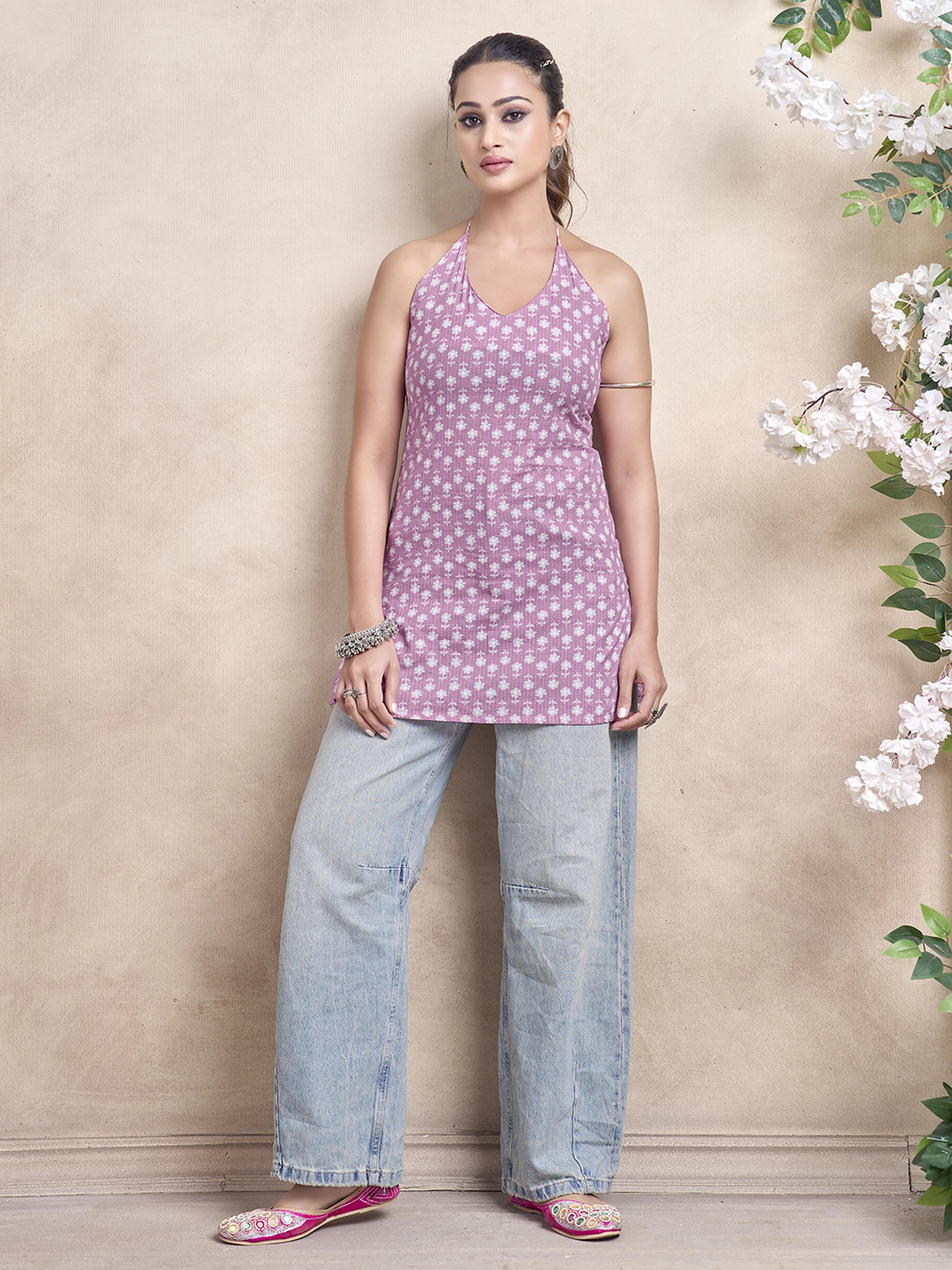 Light Pink Halter Neck Cotton Short Kurti with Booti Print