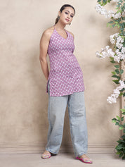 Light Pink Halter Neck Cotton Short Kurti with Booti Print