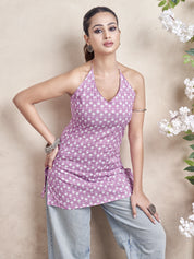 Light Pink Halter Neck Cotton Short Kurti with Booti Print